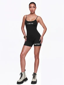 SHEIN ICON Letter Graphic Cami Unitard Romper - Black - View 3