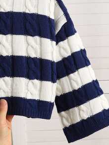 SHEIN Young Girls Round Neck Striped Sweater, Textured. Blue And White Stripes, Can Be With Skirt, Suitable For Back To School Season, Autumn/Winter - Blue - View 3