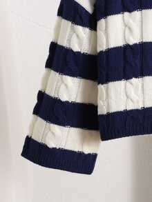 SHEIN Young Girls Round Neck Striped Sweater, Textured. Blue And White Stripes, Can Be With Skirt, Suitable For Back To School Season, Autumn/Winter - Blue - View 4