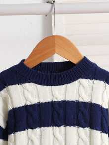 SHEIN Young Girls Round Neck Striped Sweater, Textured. Blue And White Stripes, Can Be With Skirt, Suitable For Back To School Season, Autumn/Winter - Blue - View 7