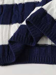 SHEIN Young Girls Round Neck Striped Sweater, Textured. Blue And White Stripes, Can Be With Skirt, Suitable For Back To School Season, Autumn/Winter - Blue - View 6
