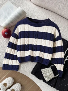 SHEIN Young Girls Round Neck Striped Sweater, Textured. Blue And White Stripes, Can Be With Skirt, Suitable For Back To School Season, Autumn/Winter - Blue - View 5
