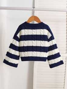 SHEIN Young Girls Round Neck Striped Sweater, Textured. Blue And White Stripes, Can Be With Skirt, Suitable For Back To School Season, Autumn/Winter - Blue - View 2