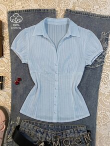 Elamini 女款 V 領復古浪漫優雅蘑菇鈕扣紋理提花休閒度假收腰襯衫 早午餐辦公穿搭 嬰兒藍 夏季 - 藍色 - 查看 7