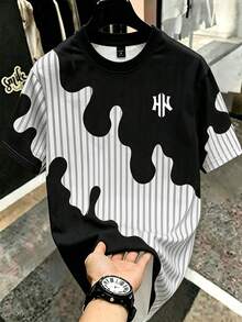 HypeHours 男士經典條紋開衩水滴H Logo T恤，適合日常穿著與聚會 - 彩色 - 查看 5