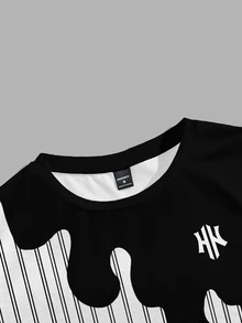 HypeHours 男士經典條紋開衩水滴H Logo T恤，適合日常穿著與聚會 - 彩色 - 查看 3