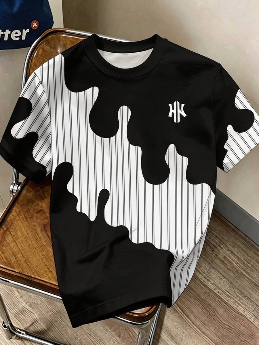 HypeHours 男士經典條紋開衩水滴H Logo T恤,適合日常穿著與聚會 - 彩色 - 查看 1