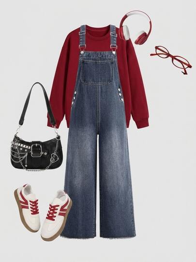SHEIN Teen Girl Loose And Comfortable Dark Blue Wide-Leg Drawstring Jeans For Black To School