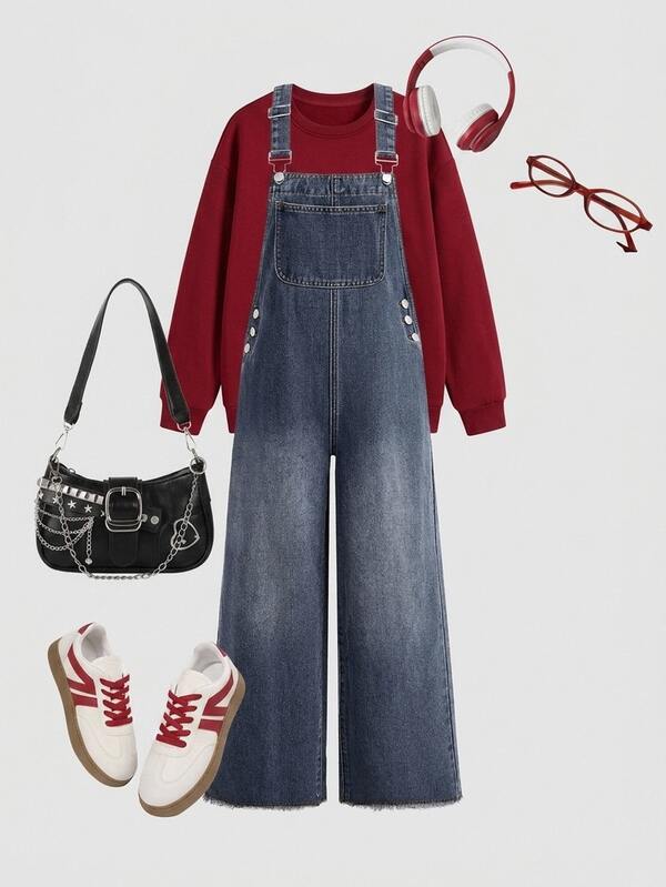 SHEIN Teen Girl Loose And Comfortable Dark Blue Wide-Leg Drawstring Jeans For Black To School