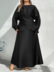 SHEIN CURVE+ 大尺碼優雅派對交叉裹身式上衣與裙子兩件套 - 黑色 - 查看 4