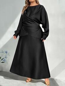 SHEIN CURVE+ 大尺碼優雅派對交叉裹身式上衣與裙子兩件套 - 黑色 - 查看 6