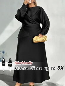 SHEIN CURVE+ 大尺碼優雅派對交叉裹身式上衣與裙子兩件套 - 黑色 - 查看 7