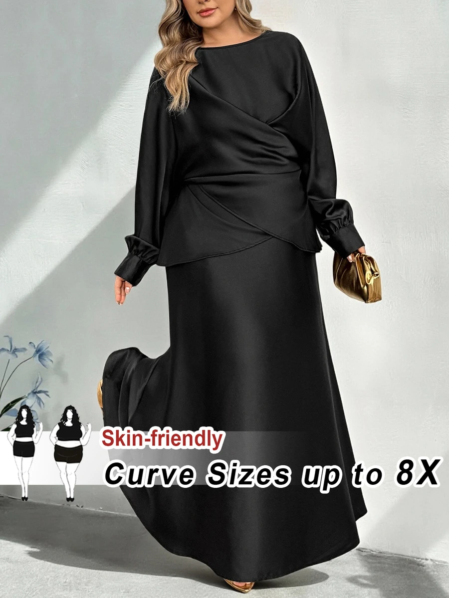 SHEIN CURVE+ 大尺碼優雅派對交叉裹身式上衣與裙子兩件套 - 黑色 - 查看 1