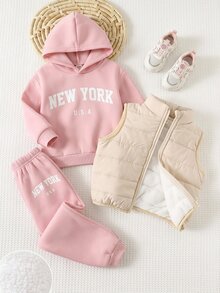 SHEIN 女童 2 件組 純色連帽衛衣與內搭褲套裝 返校穿搭 - 粉色 - 查看 1