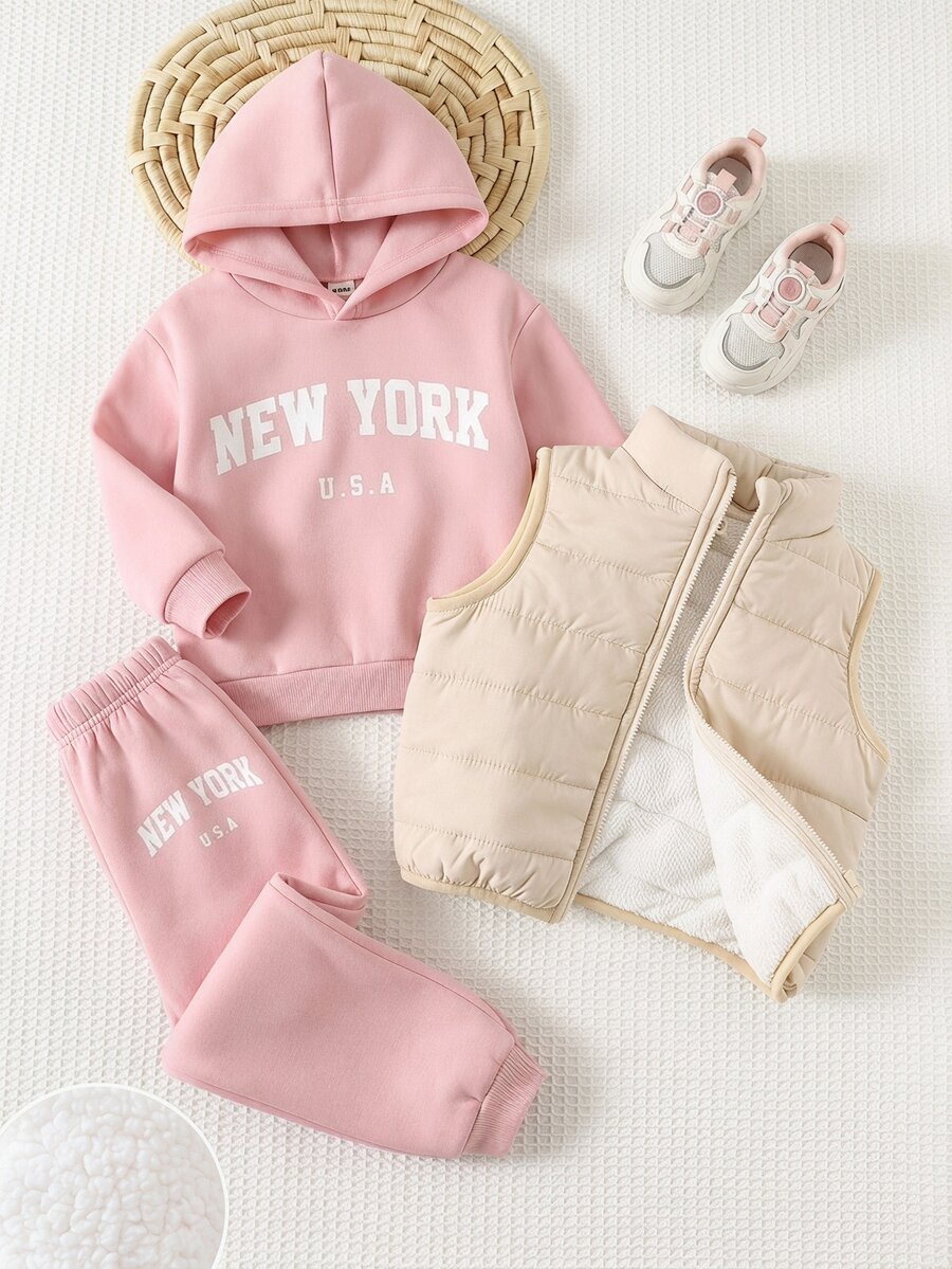 SHEIN 女童 2 件組 純色連帽衛衣與內搭褲套裝 返校穿搭 - 粉色 - 查看 1