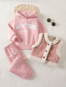 SHEIN 女童 2 件組 純色連帽衛衣與內搭褲套裝 返校穿搭 - 粉色 - 查看 7