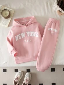 SHEIN 女童 2 件組 純色連帽衛衣與內搭褲套裝 返校穿搭 - 粉色 - 查看 3