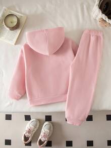 SHEIN 女童 2 件組 純色連帽衛衣與內搭褲套裝 返校穿搭 - 粉色 - 查看 2