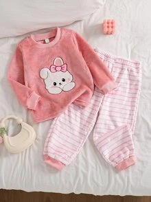 SHEIN Young Girl 2件組針織卡通可愛動物圖案人造毛家居服套裝 秋冬款 - 彩色 - 查看 6