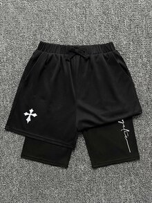 SHEIN 青少年男孩寬鬆休閒圖案印花短褲 黑色 夏季街頭風 適合徒步、度假、慢跑、舒適穿著 - 彩色 - 查看 2