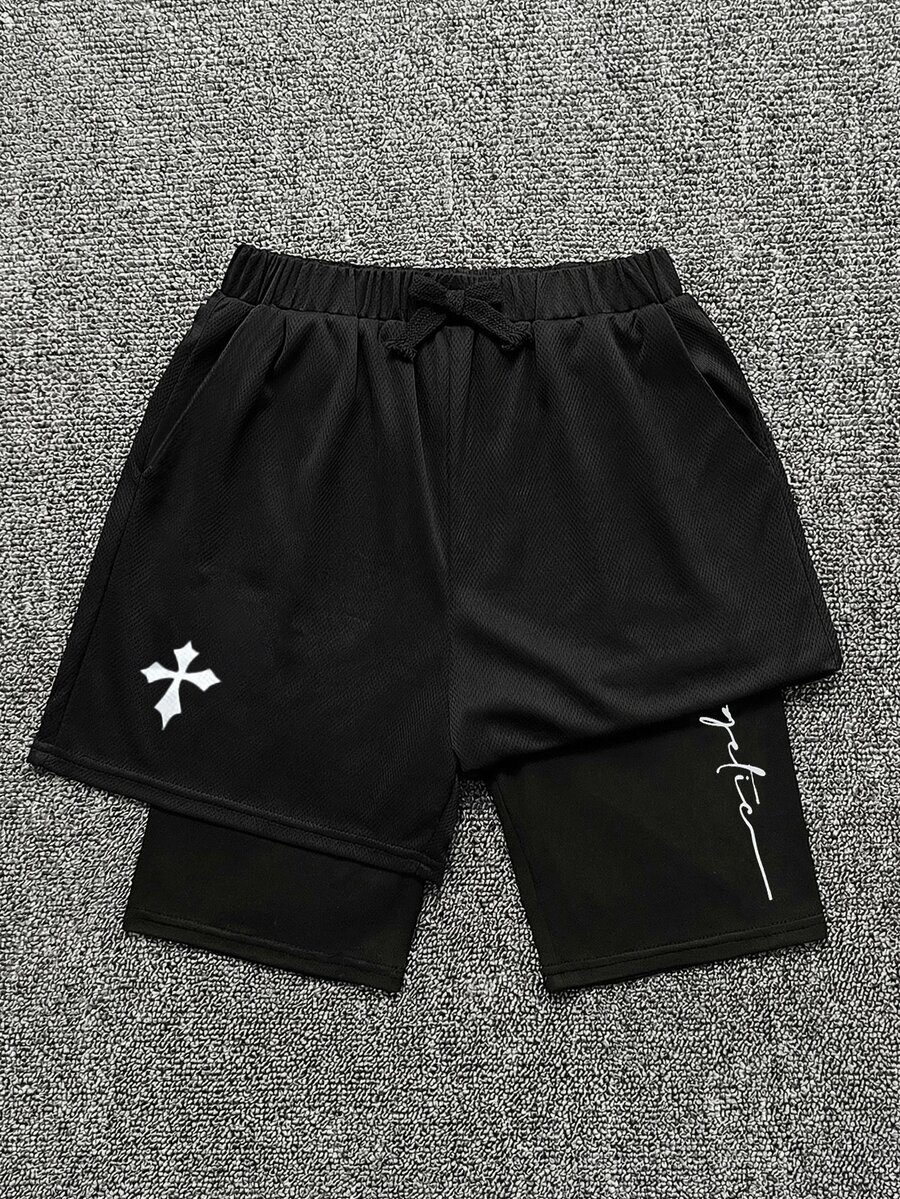 SHEIN 青少年男孩寬鬆休閒圖案印花短褲 黑色 夏季街頭風 適合徒步、度假、慢跑、舒適穿著