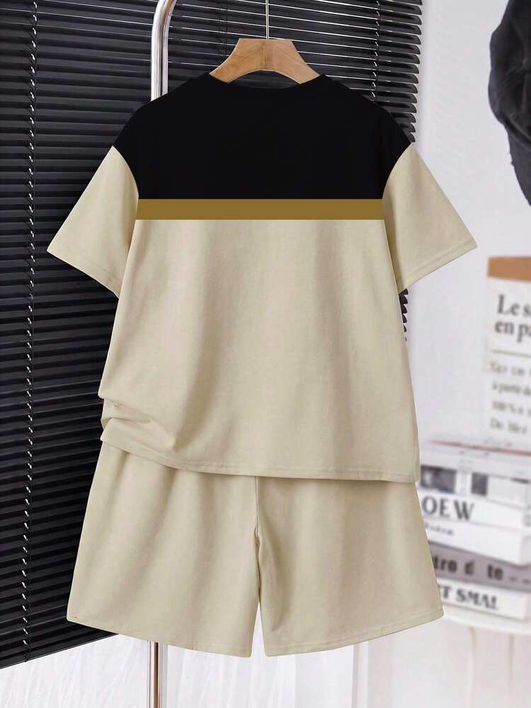 Tween Boy Casual Comfortable Beige Streetwear City Break Summer Minimalist Round Neck Short Sleeve T-Shirt Shorts Set - Multicolor - View 3