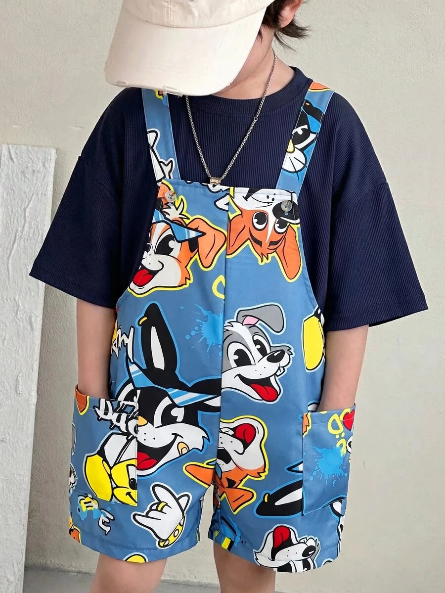 SHEIN Little Byeori 兒童/小男孩休閒舒適印花圖案寬鬆連身褲 夏季套裝 幼兒男孩度假街頭風