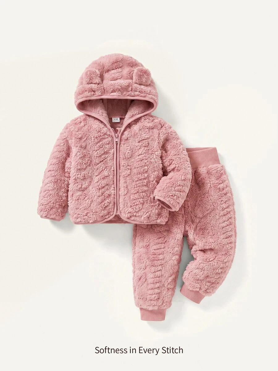 Cozy Pixies 女嬰連帽抓絨外套+遮肚長褲 2件套 中厚款 灰粉色 冬季保暖 柔軟蓬鬆 可愛 度假風 - 粉色 - 查看 1