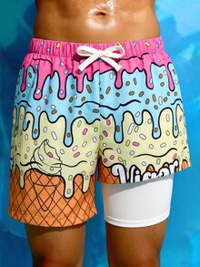 SHEIN 青少年男孩粉黃色夏季可愛海灘度假黃鴨印花寬鬆拼接內裡泳褲休閒舒適短褲 - 彩色 - 查看 1