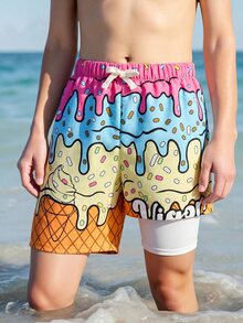 SHEIN 青少年男孩粉黃色夏季可愛海灘度假黃鴨印花寬鬆拼接內裡泳褲休閒舒適短褲 - 彩色 - 查看 2