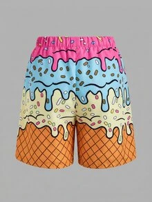 SHEIN 青少年男孩粉黃色夏季可愛海灘度假黃鴨印花寬鬆拼接內裡泳褲休閒舒適短褲 - 彩色 - 查看 3