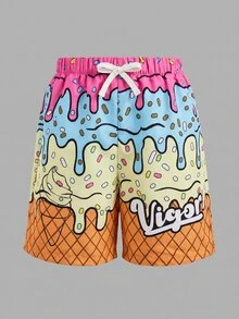 SHEIN 青少年男孩粉黃色夏季可愛海灘度假黃鴨印花寬鬆拼接內裡泳褲休閒舒適短褲 - 彩色 - 查看 5