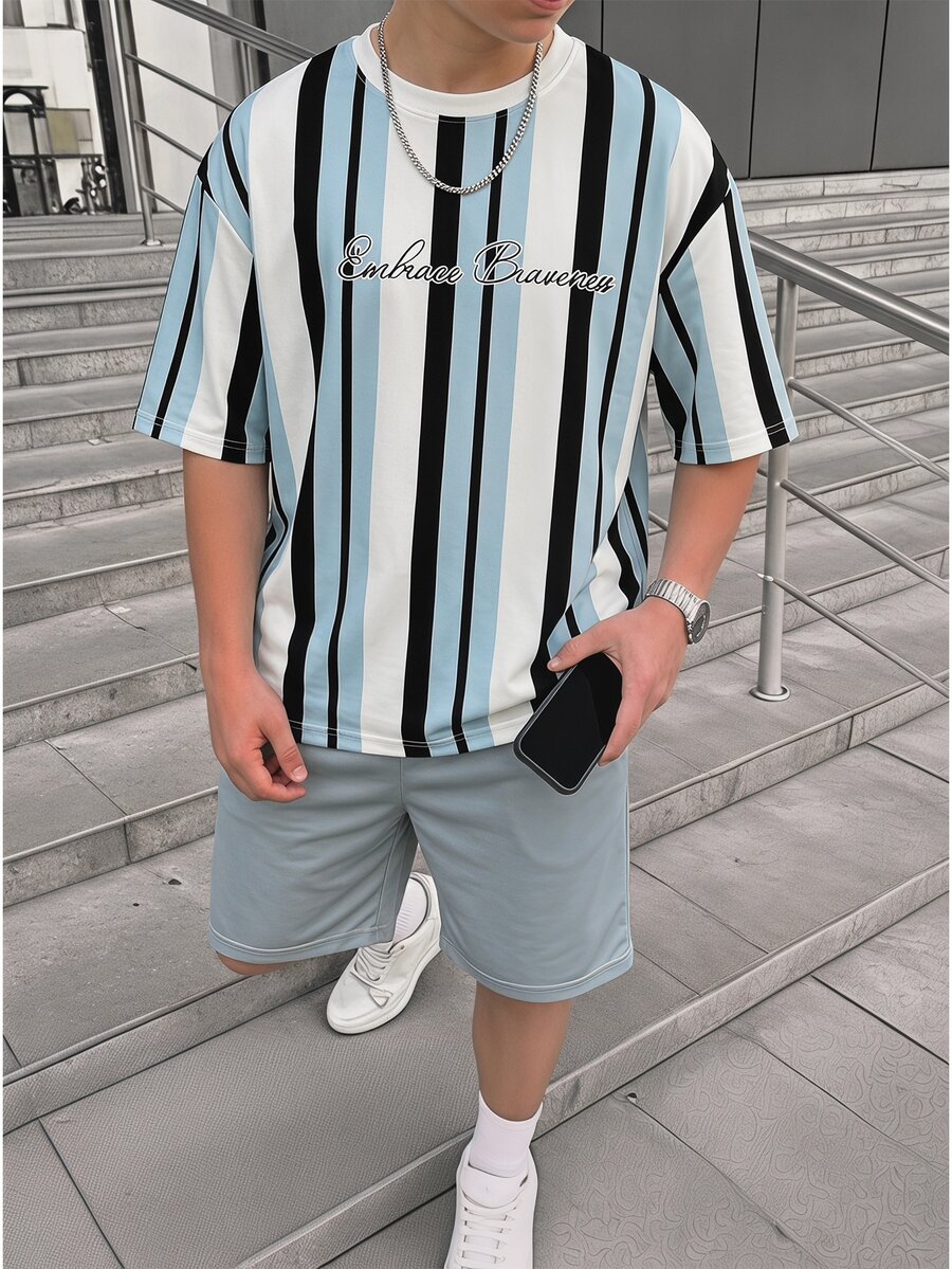 青少年男孩休閒舒適時尚簡約圓領短袖T恤與短褲套裝 柔軟度假舒適風