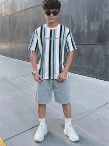 青少年男孩休閒舒適時尚簡約圓領短袖T恤與短褲套裝 柔軟度假舒適風 - 白色 - 查看 3