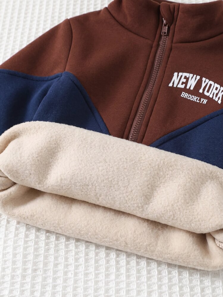 Cozy Pixies Conjunto de 2 piezas para bebé niño con sudadera de cuello redondo, manga larga, media cremallera, estampado de letras y patchwork de bloques de color, y pantalones con cintura elástica y puños - Multicolor - Añade 3