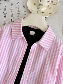 女嬰春/夏粉色條紋3件套，黑色修身背心長袖上衣，適合假期、秋季度假拍照，可愛親子套裝 - 彩色 - 查看 3