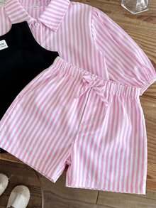 女嬰春/夏粉色條紋3件套，黑色修身背心長袖上衣，適合假期、秋季度假拍照，可愛親子套裝 - 彩色 - 查看 4