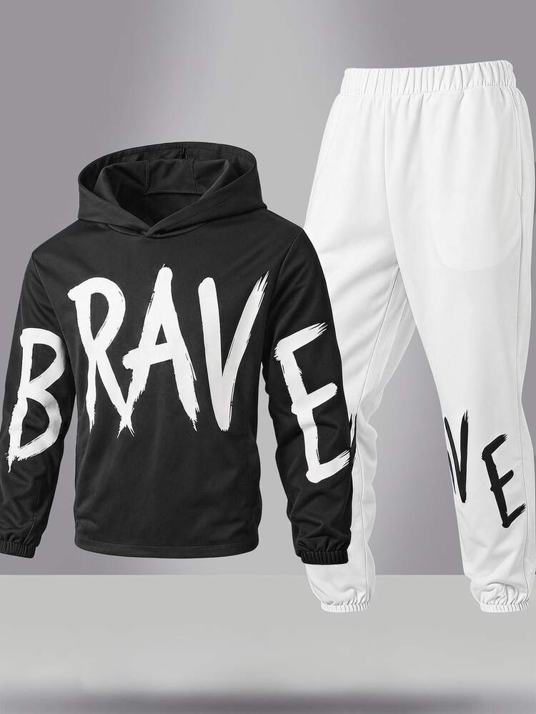 SHEIN Kids Tween Boy Casual Sports Street Style Versatile Large Letter Graphic Black Pullover Sweatshirt Pullover Sweatshirt & Long Pants Set, Suitable For Commuting, School, Daily Casual Outings, Sports, Autumn/Winter - Black - View 3