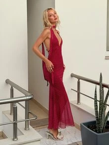 SHEIN ICON Fitted Polka Dot Print Deep V-Neck Tie Strap Backless Dress - Red - View 4