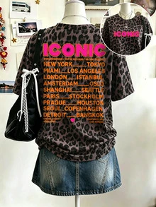 DrmWander 女款豹紋圓領短袖T恤，ICONIC字母與世界城市圖案落肩寬鬆休閒上衣，Y2K街頭復古風 - 彩色 - 查看 7