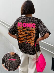DrmWander 女款豹紋圓領短袖T恤，ICONIC字母與世界城市圖案落肩寬鬆休閒上衣，Y2K街頭復古風 - 彩色 - 查看 1