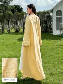 Yasmyna Spring/Summer Elegant Yellow Collarless Long Robe With Heavy Scalloped Cuffs And Chiffon Headscarf - Yellow - View 3