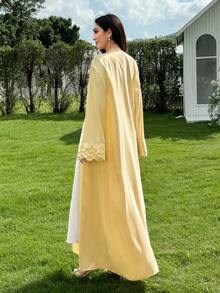 Yasmyna Spring/Summer Elegant Yellow Collarless Long Robe With Heavy Scalloped Cuffs And Chiffon Headscarf - Yellow - View 4