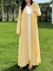 Yasmyna Spring/Summer Elegant Yellow Collarless Long Robe With Heavy Scalloped Cuffs And Chiffon Headscarf - Yellow - View 10
