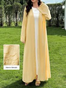 Yasmyna Spring/Summer Elegant Yellow Collarless Long Robe With Heavy Scalloped Cuffs And Chiffon Headscarf - Yellow - View 13
