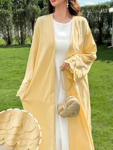 Yasmyna Spring/Summer Elegant Yellow Collarless Long Robe With Heavy Scalloped Cuffs And Chiffon Headscarf - Yellow - View 11