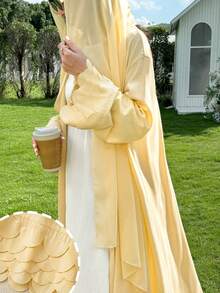 Yasmyna Spring/Summer Elegant Yellow Collarless Long Robe With Heavy Scalloped Cuffs And Chiffon Headscarf - Yellow - View 6