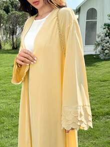 Yasmyna Spring/Summer Elegant Yellow Collarless Long Robe With Heavy Scalloped Cuffs And Chiffon Headscarf - Yellow - View 7