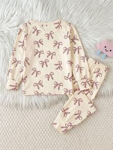 SHEIN Young Girls Autumn/Winter Daily Home Sweet Cartoon Glow-In-The-Dark Heart Rabbit Print Long Sleeve Pullover Top And Matching Long Pants Set, Girls Loungewear 2 Pieces Set, Children's Pajamas Set, Pink Leopard Print Bow, Fitted, Randomly Sent 2 Pieces - Baby Pink - View 3