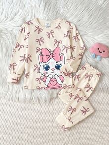 SHEIN Young Girls Autumn/Winter Daily Home Sweet Cartoon Glow-In-The-Dark Heart Rabbit Print Long Sleeve Pullover Top And Matching Long Pants Set, Girls Loungewear 2 Pieces Set, Children's Pajamas Set, Pink Leopard Print Bow, Fitted, Randomly Sent 2 Pieces - Baby Pink - View 2